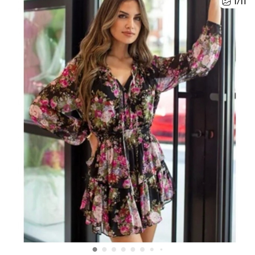 LoveShackFancy Black Floral Long-Sleeve Tiered Mini Dress